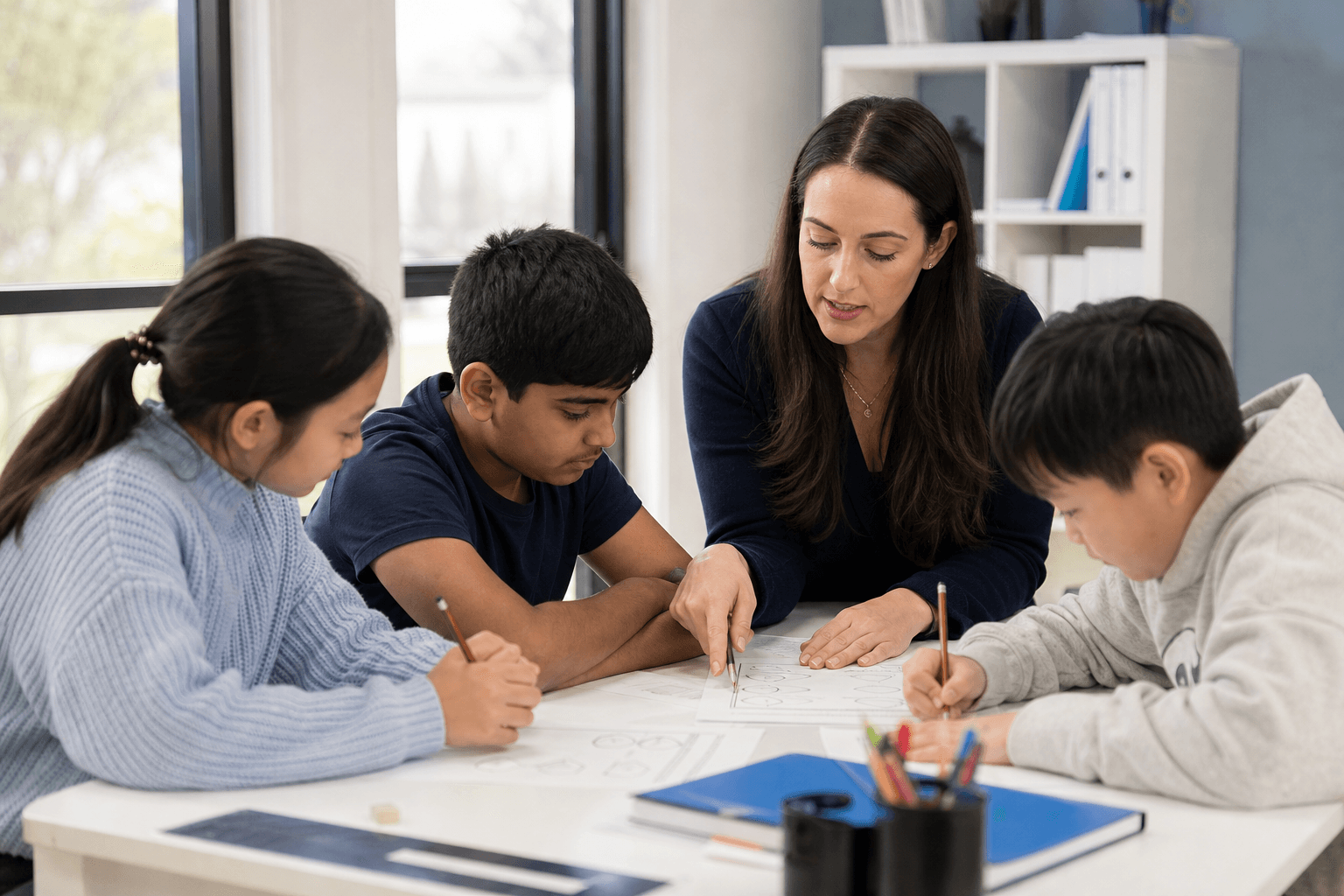 A teacher guiding three primary school students through a classroom activity
