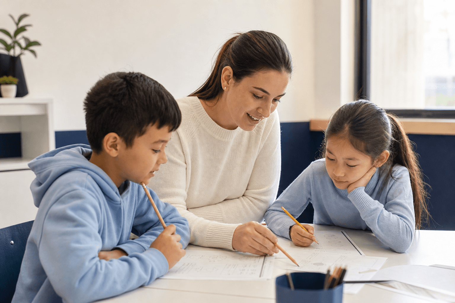 A tutor helping two primary school students work through a learning activity