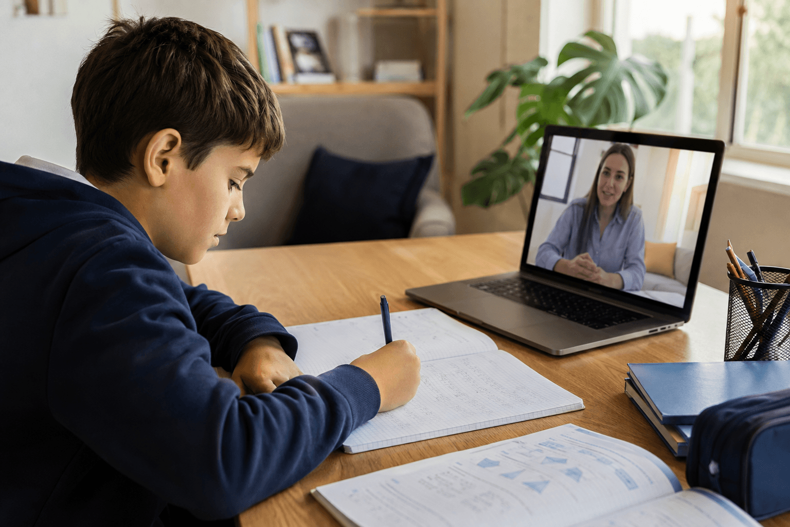 A primary school student completing written work during a live online lesson